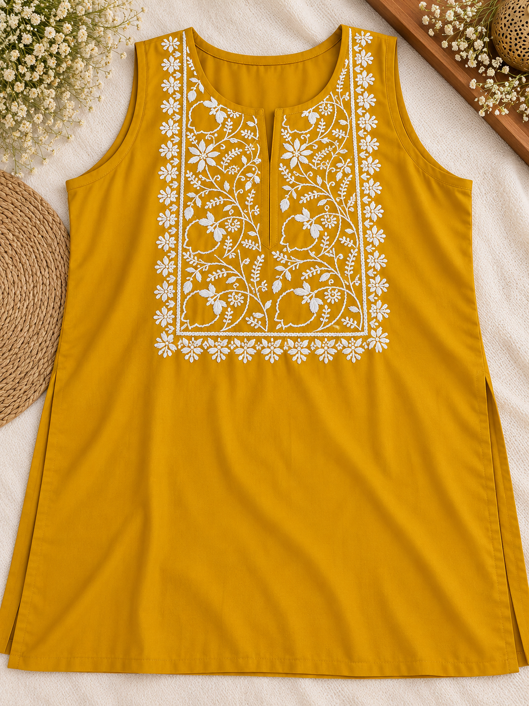 Mustard rayon Short Chikankari kurta