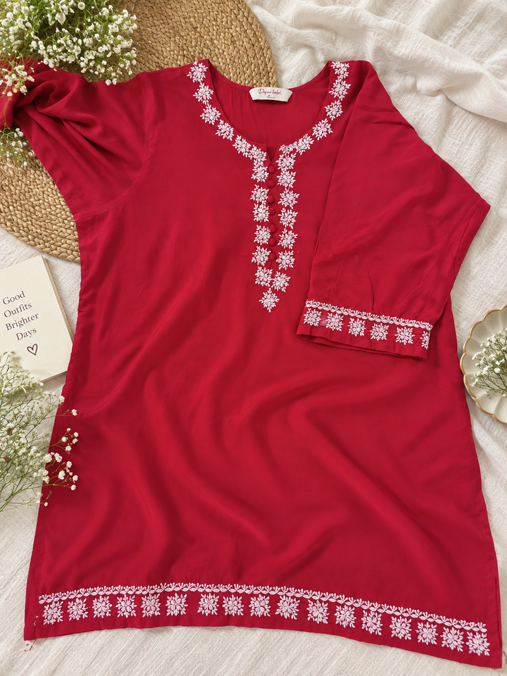 Pink rayon chikankari short kurta -Custom Made