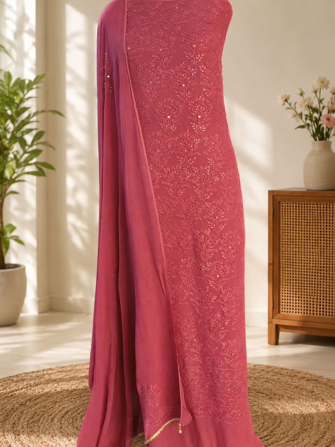 Onion Pink Pure Georgette Chikankari kurta dupatta Fabric