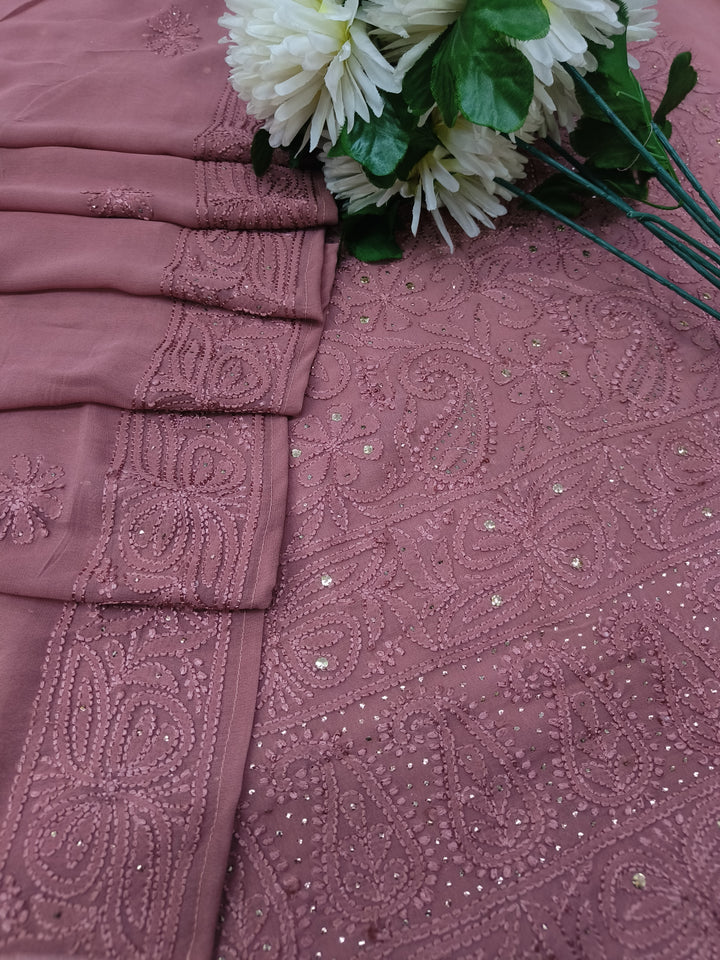 Brown Pure Georgette Chikankari kurta Dupatta Fabric