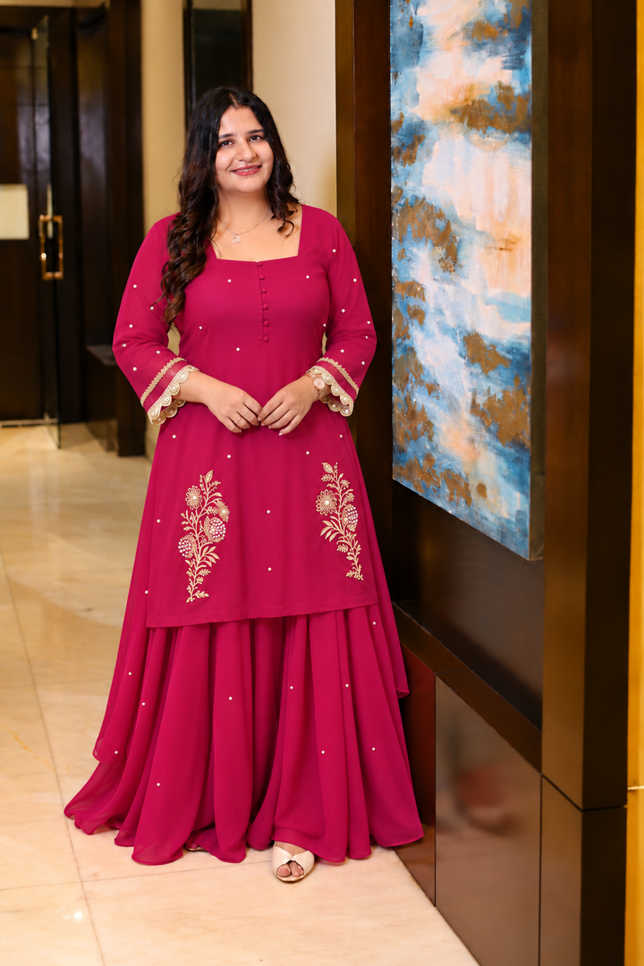 Rani Pink Georgette kurta plazzo set -Custom Made