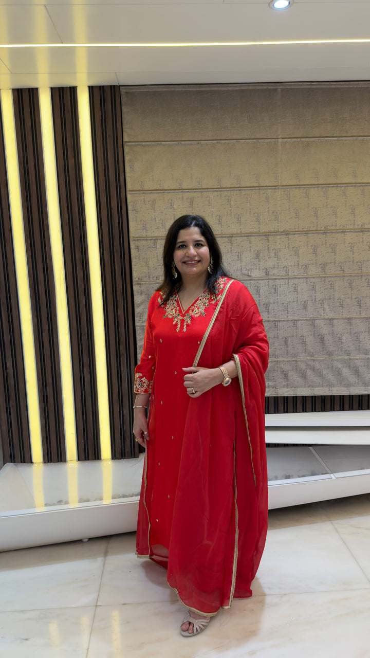 Red Hand Embroidered Suit Set -Custom Made