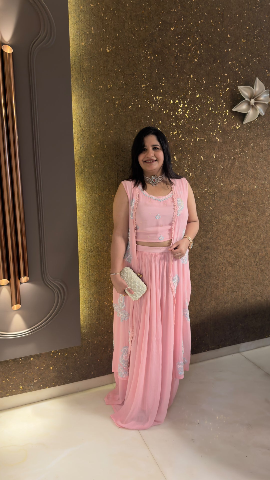 Baby Pink Georgette Chikankari Crop top shrug Set - Custom Made