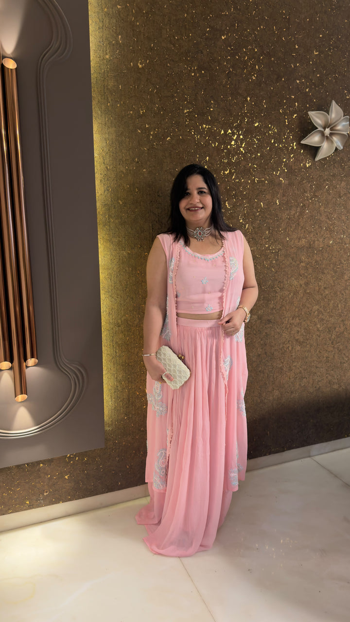 Baby Pink Georgette Chikankari Crop top shrug Set - Custom Made