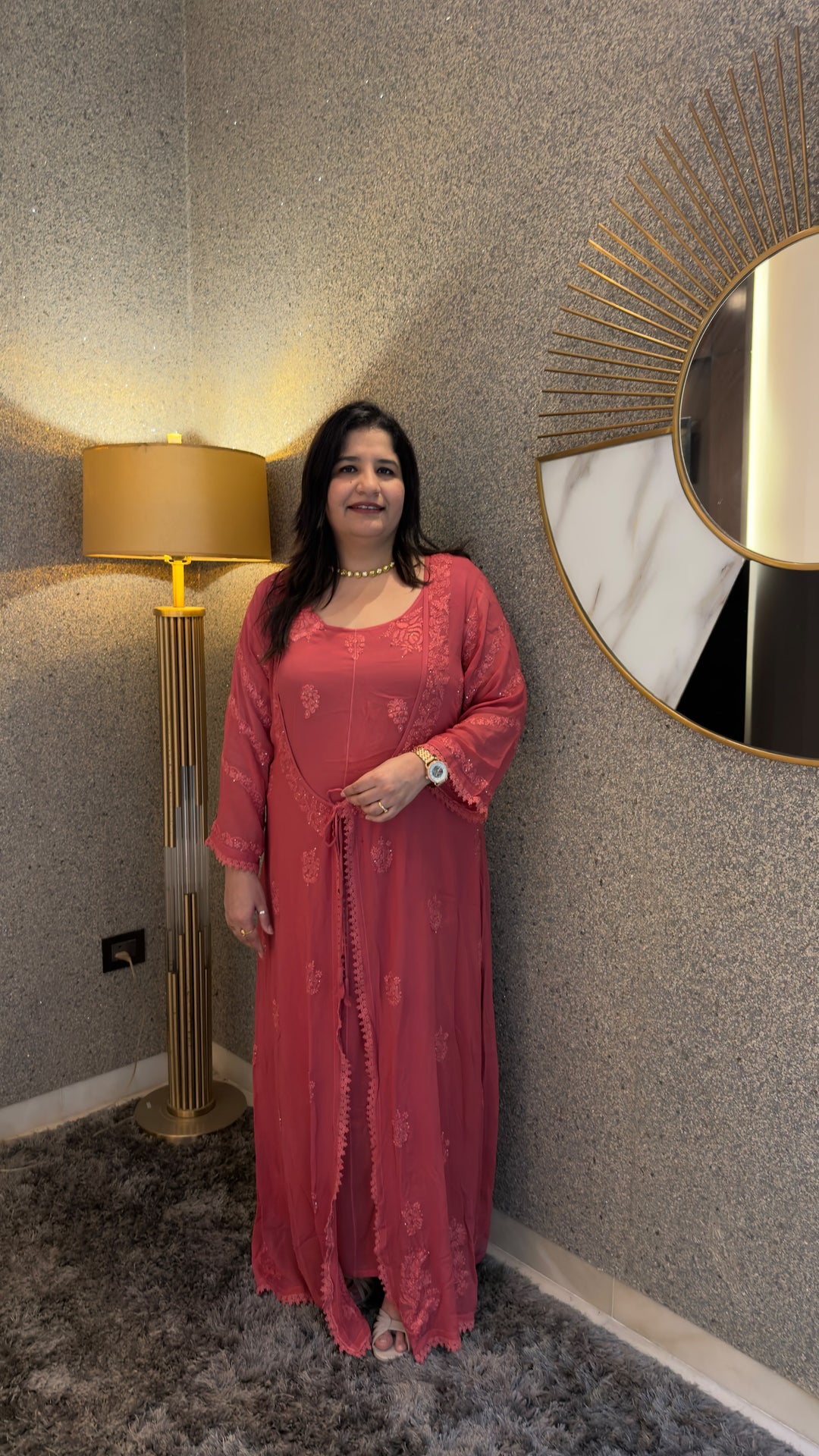 Rose pink Georgette Chikankari Shrug dress - Custom made