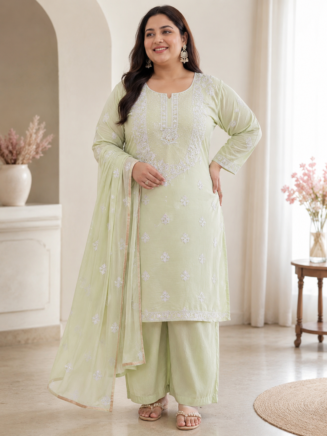 Lemon Green Chanderi Chikankari kurta dupatta Fabric -Custom Made