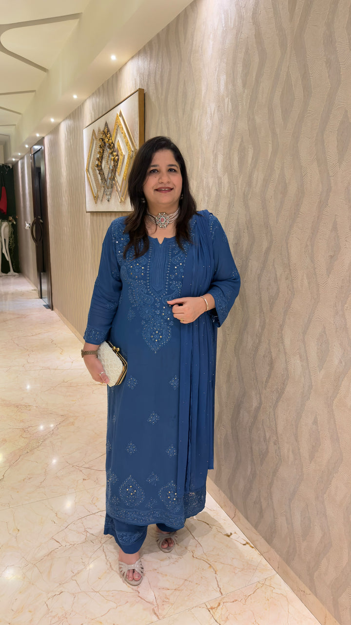 Royal blue Chikankari Georgette Suit Set -Custom Made (DLG-123)