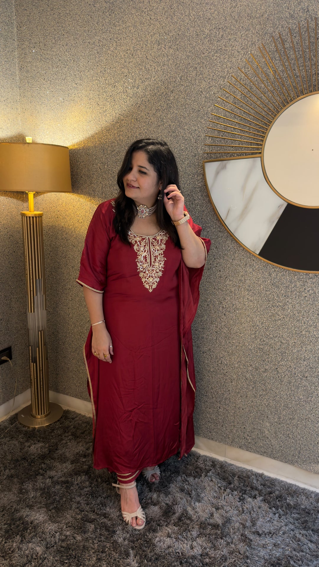 Maroon Hand Embroidered Kaftan Set -Custom Made