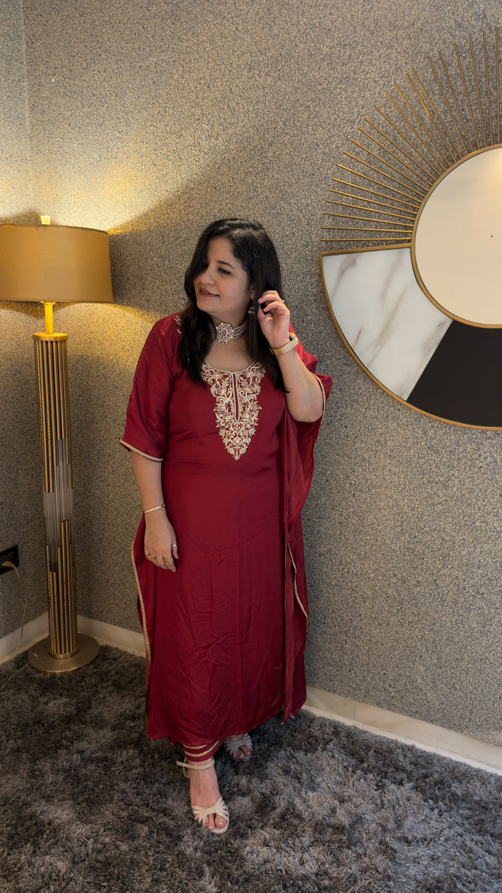 Maroon Hand Embroidered Kaftan Set -Custom Made