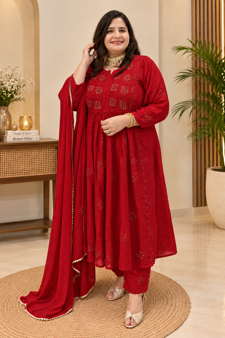 Maroon Chanderi Chikankari Suit Set