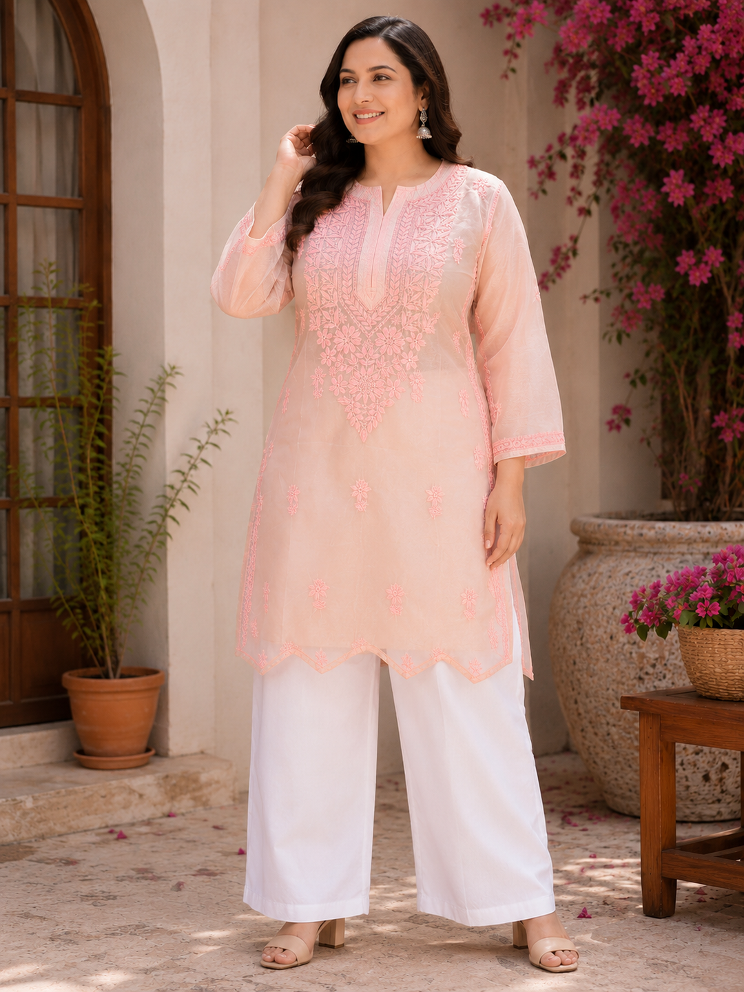 Peach silk Chikankari short kurta