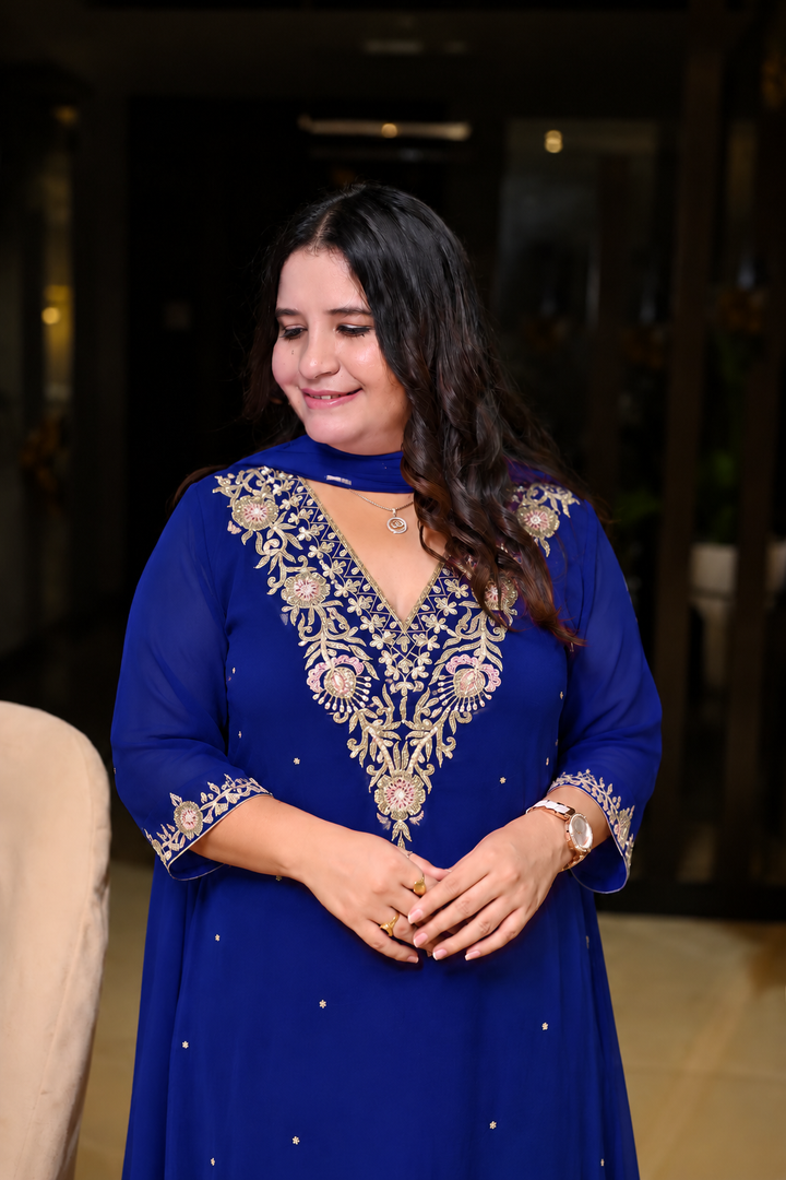 Navy Blue Georgette embroidered suit Set-Custom Made