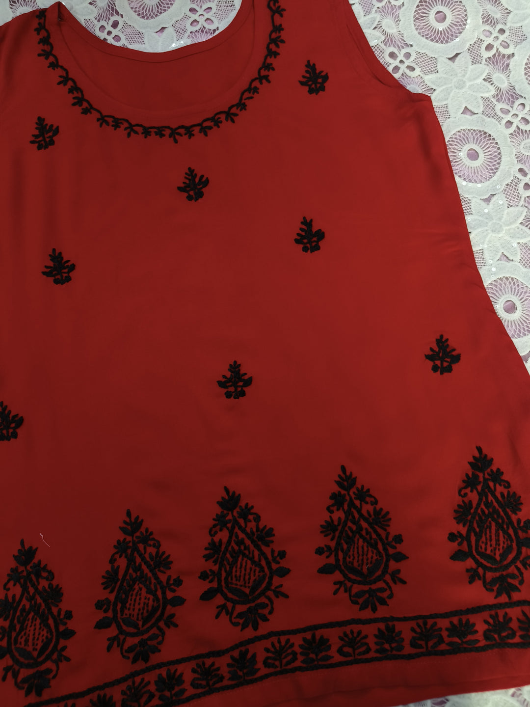 Red rayon chikankari short kurta - Custom Made