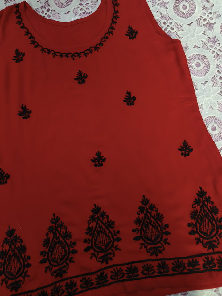 Red rayon chikankari short kurta - Custom Made