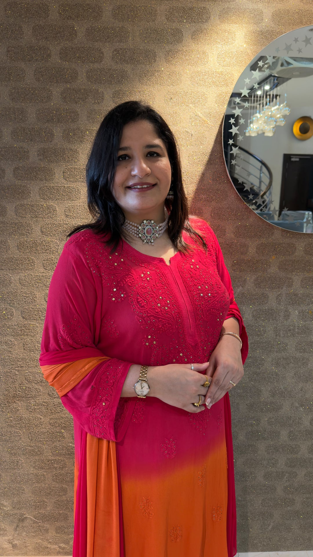 Orange ombre Chikankari Georgette Suit Set-Custom Made