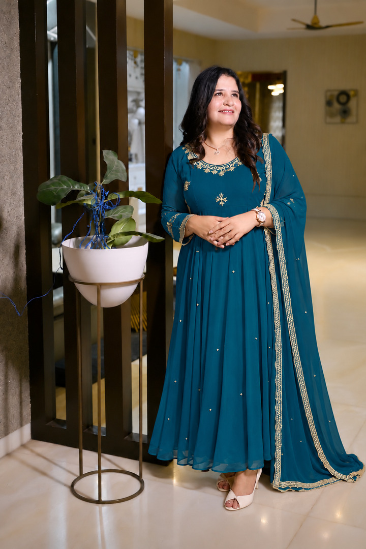 Teal Blue Georgette embroidery Anarkali dupatta set -Custom Made