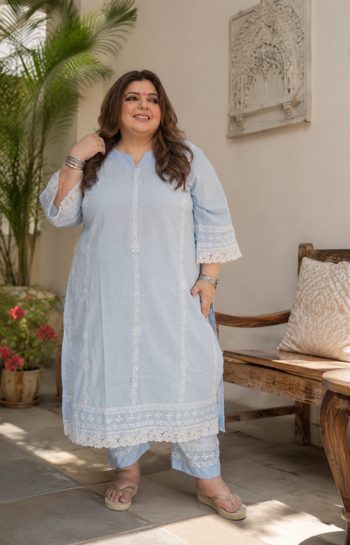 Sky Blue Chikankari Co-Ord Set - Custom Made