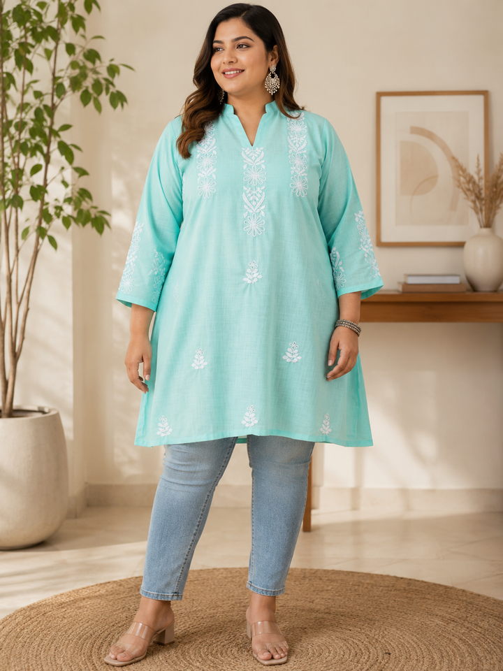 Linen Sea Green Chikankari Short Kurta -Custom Made