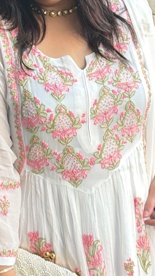 White A-line Chikankari Georgette Set - Custom made
