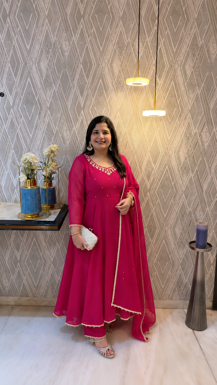 Rani Pink Georgette embroidered Anarkali Set-Custom Made