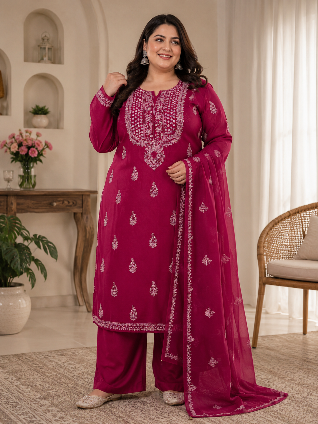 Rani Pink Organza Chikankari Kurta Dupatta Fabric -Custom Made