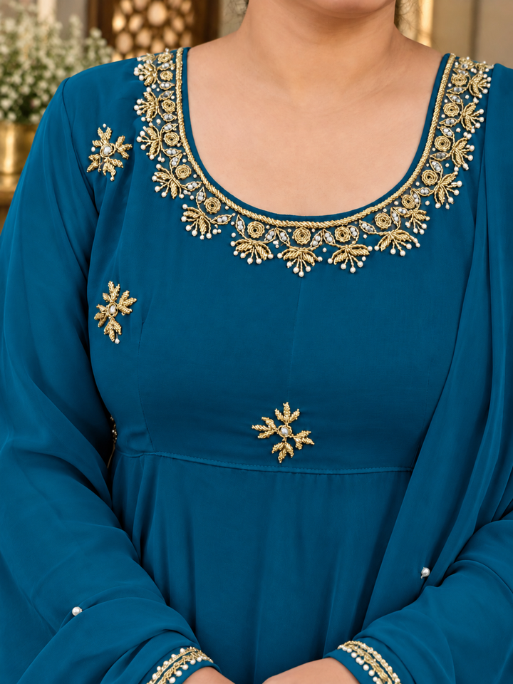 Teal Blue Georgette embroidery Anarkali dupatta set -Custom Made