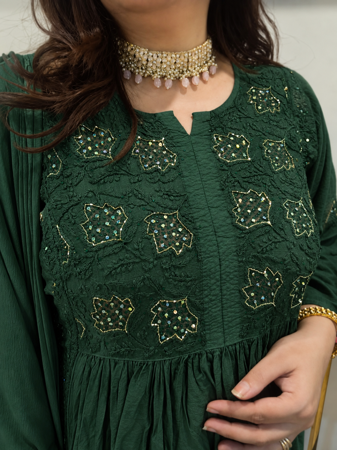 Dark green Chanderi Chikankari Suit Set