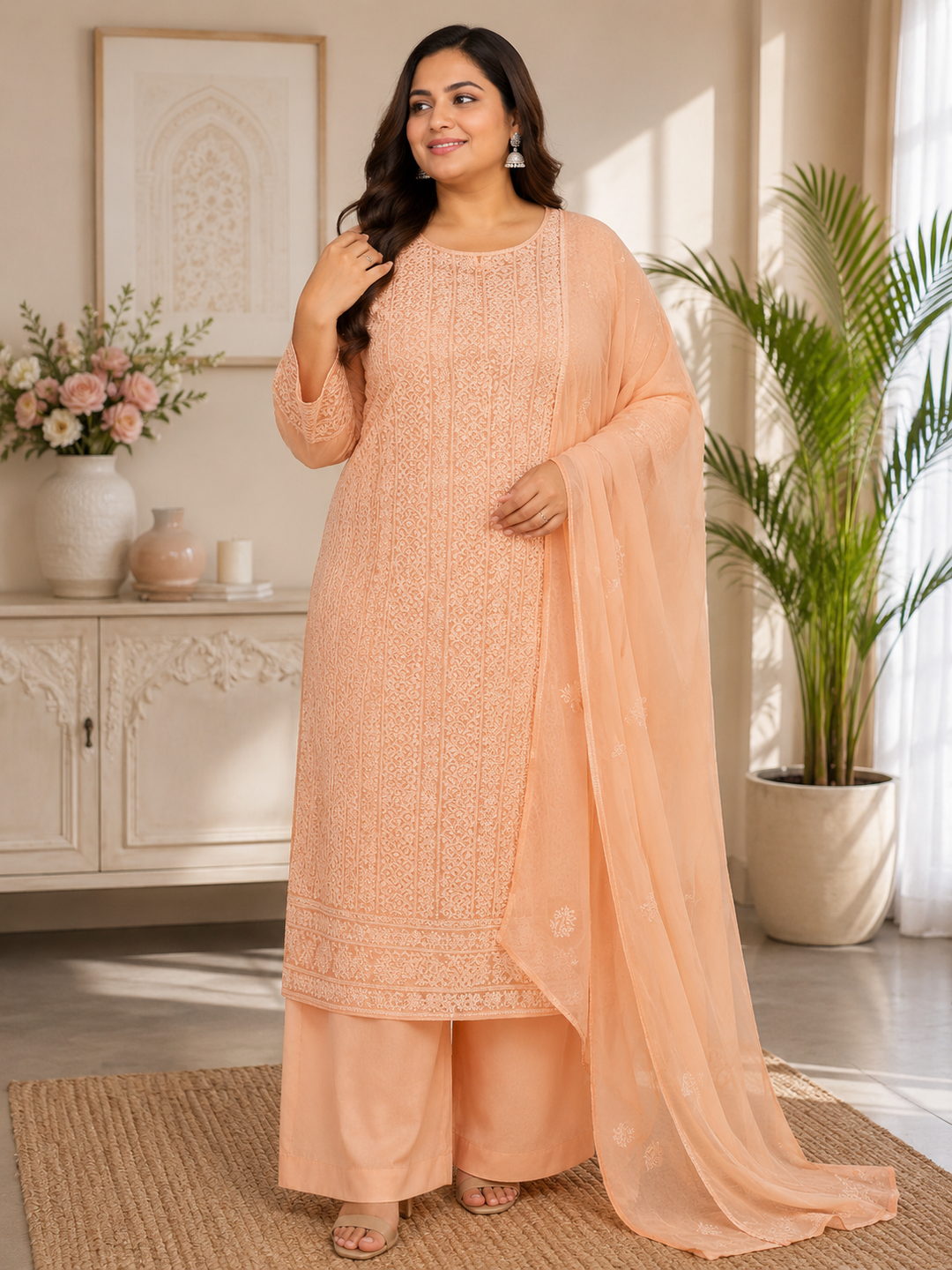 Peach Organza Chikankari Kurta Duppata fabric -Custom Made