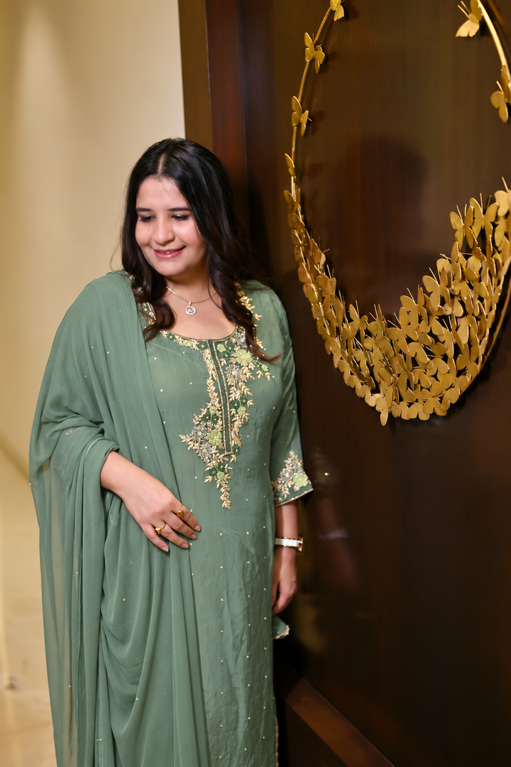 Mint Green Georgette hand embroidered Suit Set -Custom Made