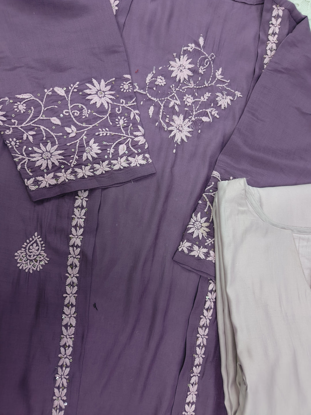 Lavender Chanderi Chikankari A-line shrug Set -Custom Made