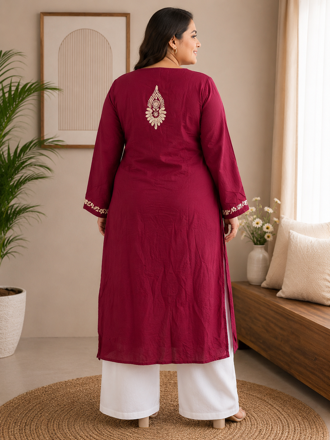 Maroon Rayon Chikankari kurta-Custom Made