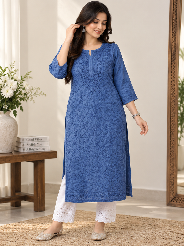 Navy Blue Silk Chikankari kurta