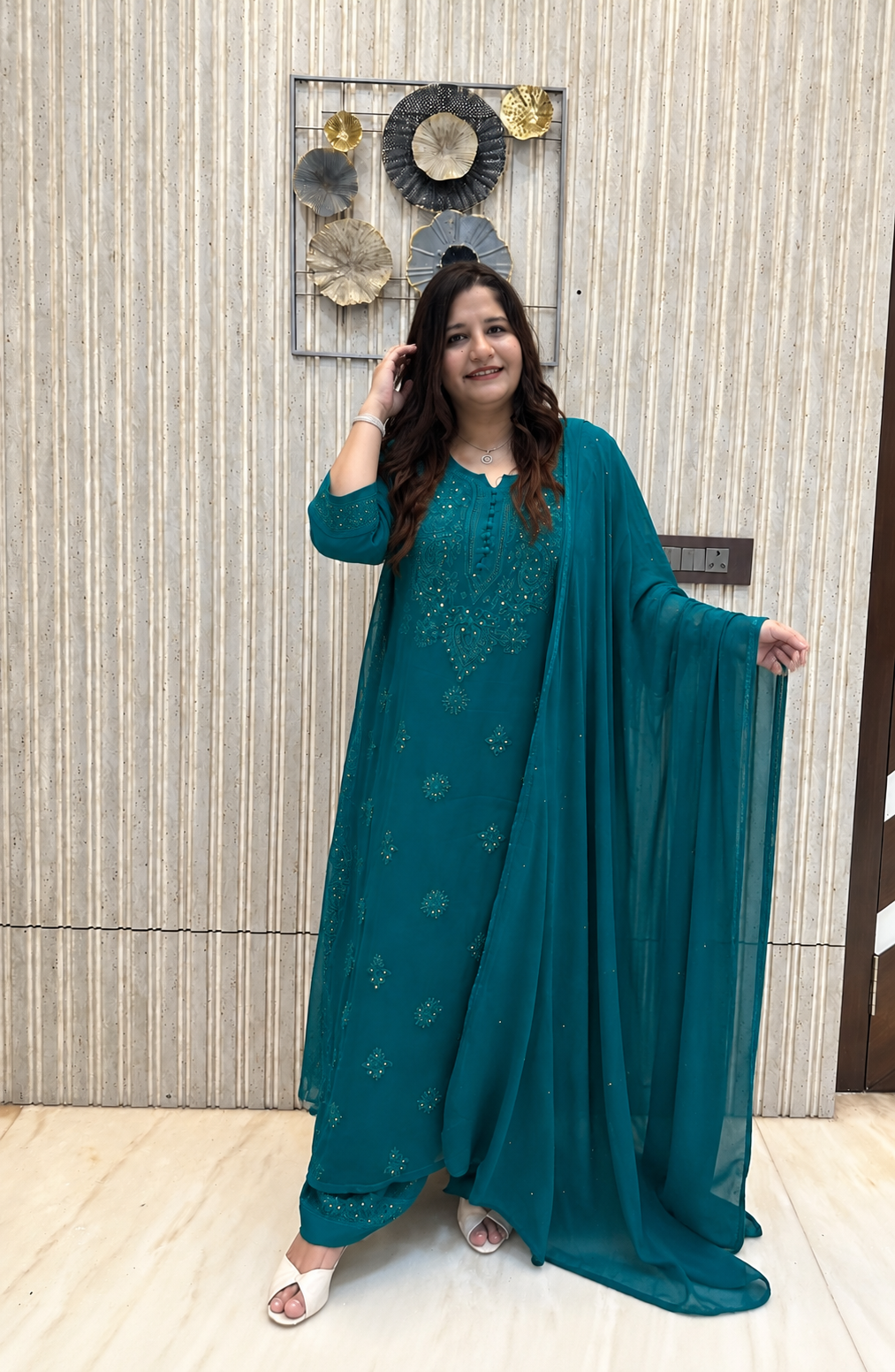 Teal Green Chikankari Georgette Suit Set-Custom Made