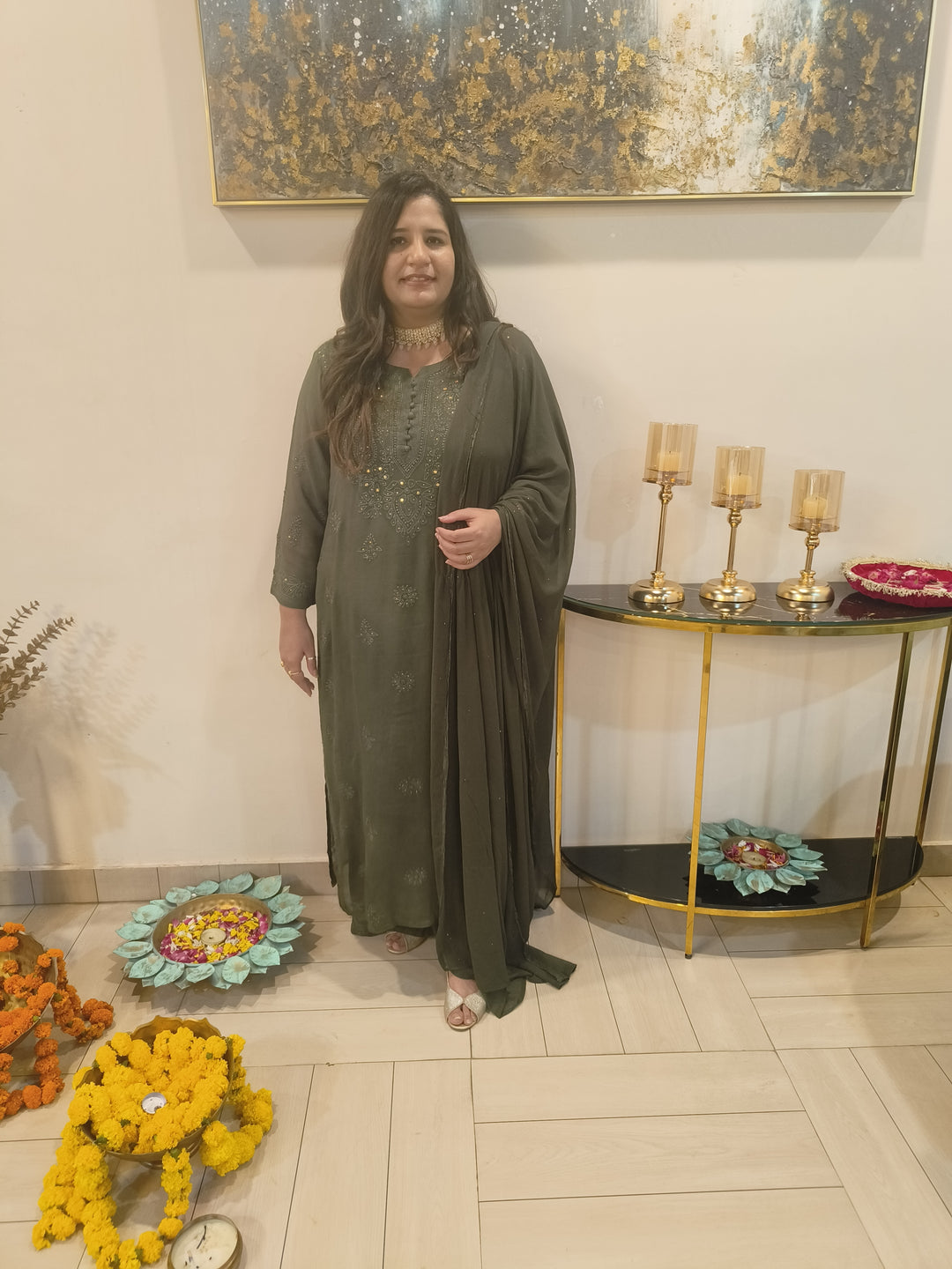 Olive green Georgette Chikankari Suit Set-Custom Made