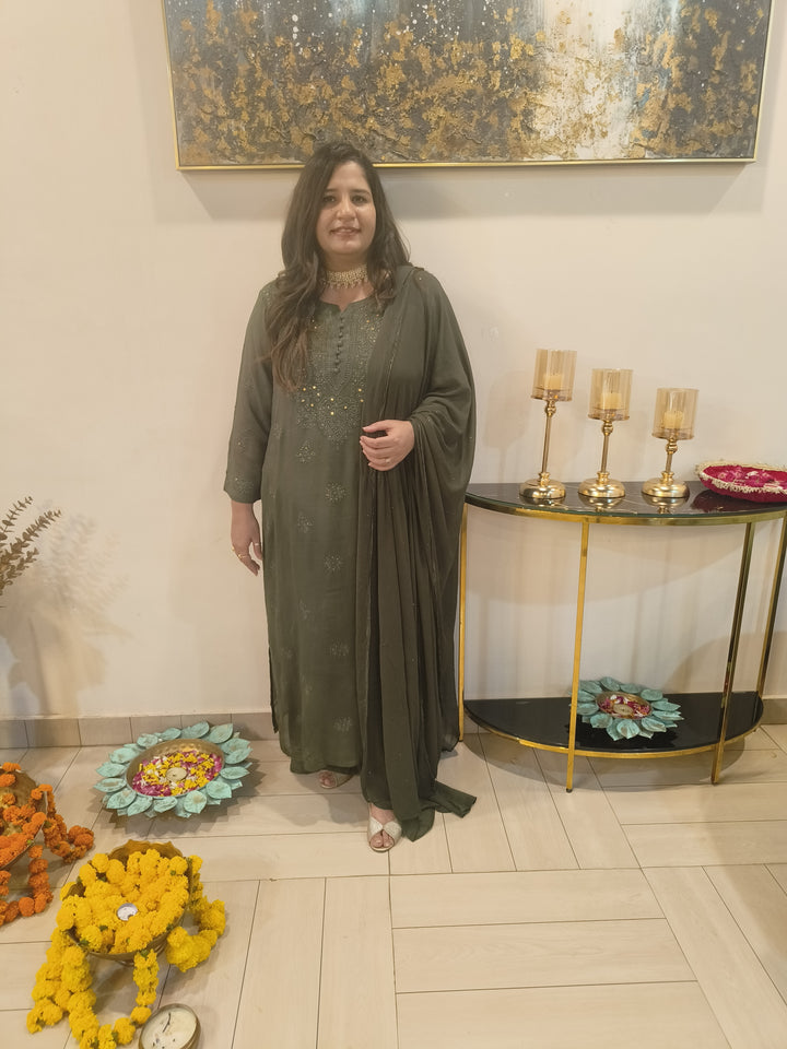 Olive green Georgette Chikankari Suit Set-Custom Made