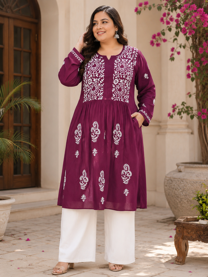 Wine Rayon A-line Chikankari Kurta