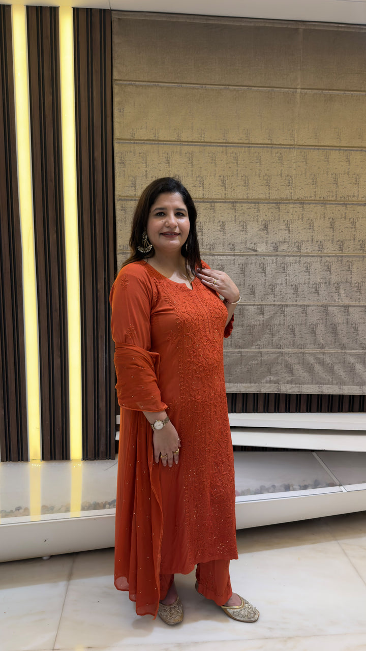 Rust Rayon Chikankari Suit Set-Custom Made