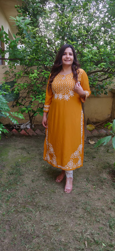 Mustard Reyon Chikankari Kurta -Custom Made