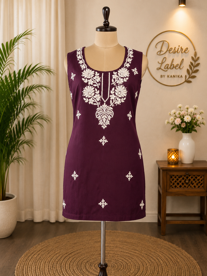 Wine Rayon Chikankari short kurta-Custom Made
