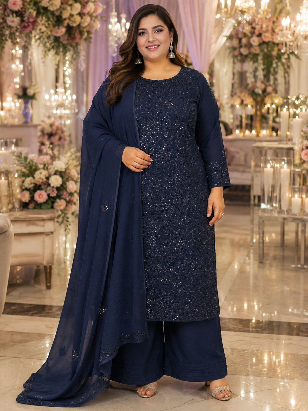 Navy Blue Georgette Chikankari Kurta Duppata Fabric