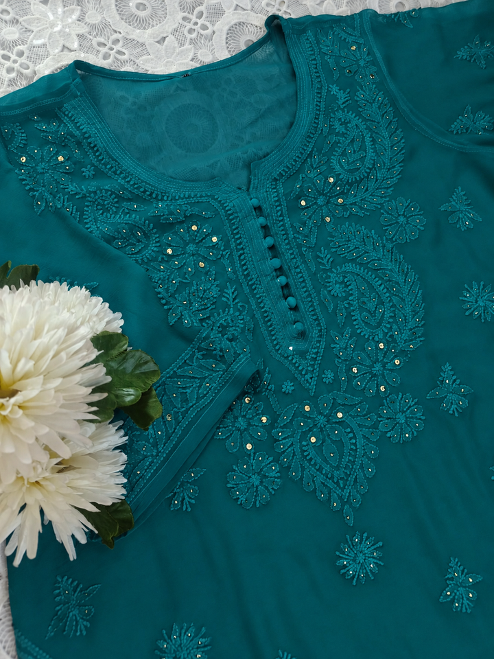 Teal Green Chikankari Georgette Suit Set-Custom Made