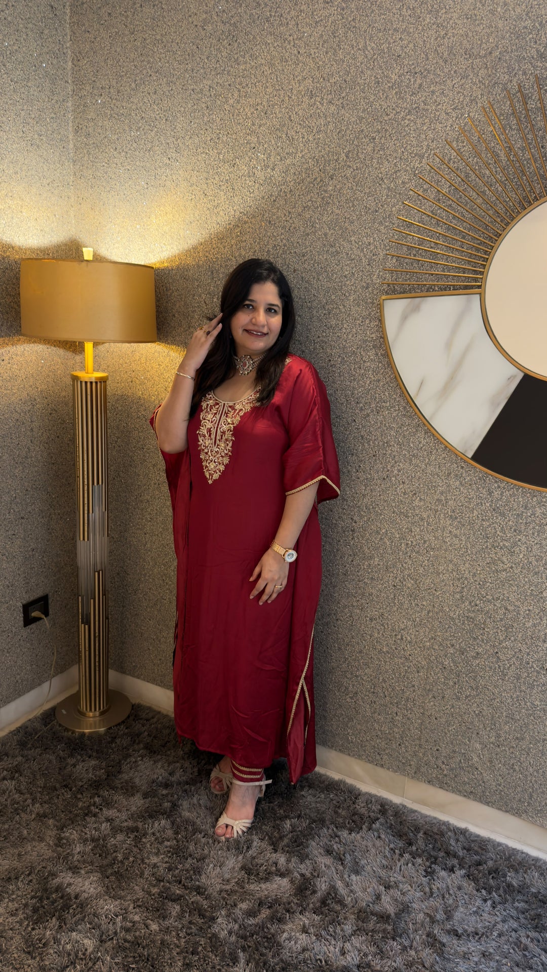 Maroon Hand Embroidered Kaftan Set -Custom Made