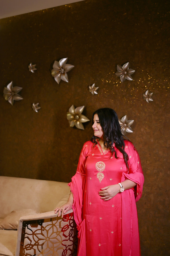 Rani Pink A-Line Hand Embroidered Suit Set-Custom Made