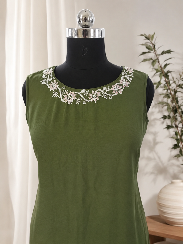 Dark Green Chanderi Chikankari A-line Co-set -Custom Made