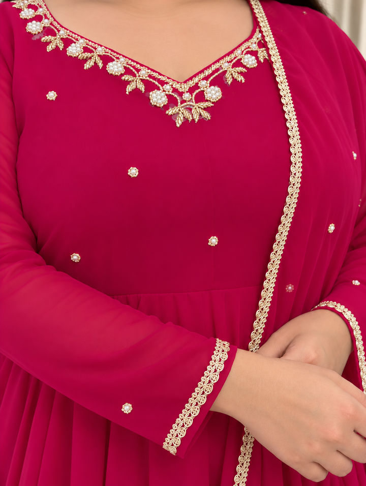 Rani Pink Georgette embroidered Anarkali Set-Custom Made