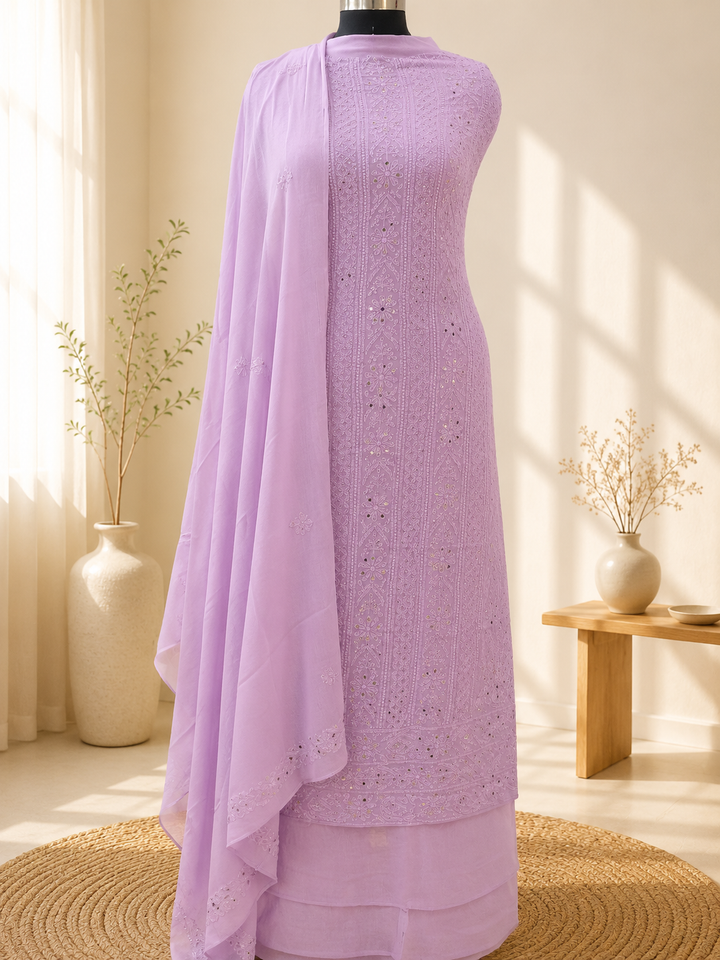 Lavender Pure Georgette Chikankari Kurta Duppata Fabric