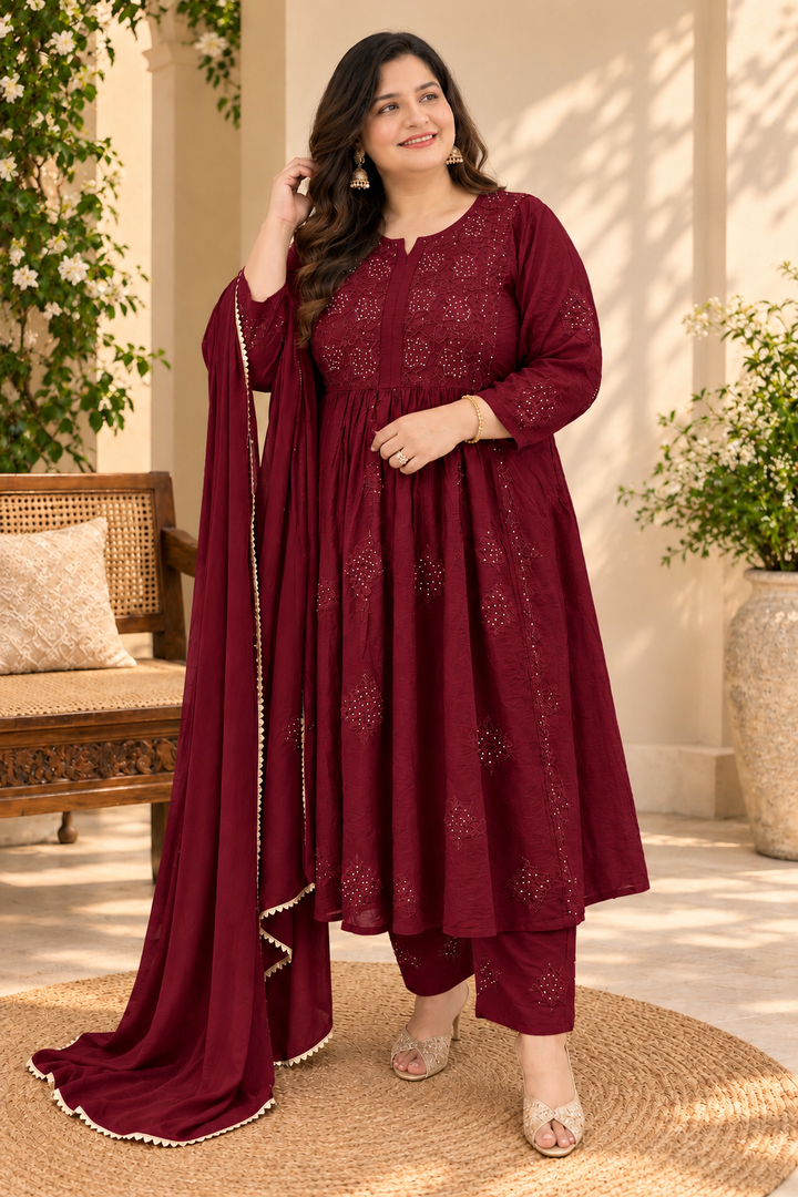 Wine Chanderi Chikankari Suit Set