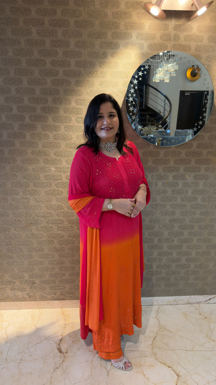Orange ombre Chikankari Georgette Suit Set-Custom Made
