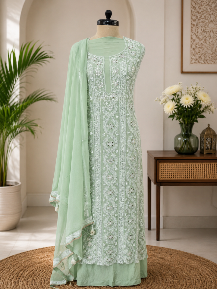 Light Green Pure Georgette Chikankari kurta dupatta Fabric