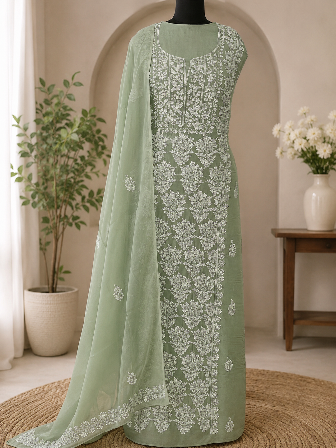 Olive green Chikankari Orzanga Kurta duppata Fabric